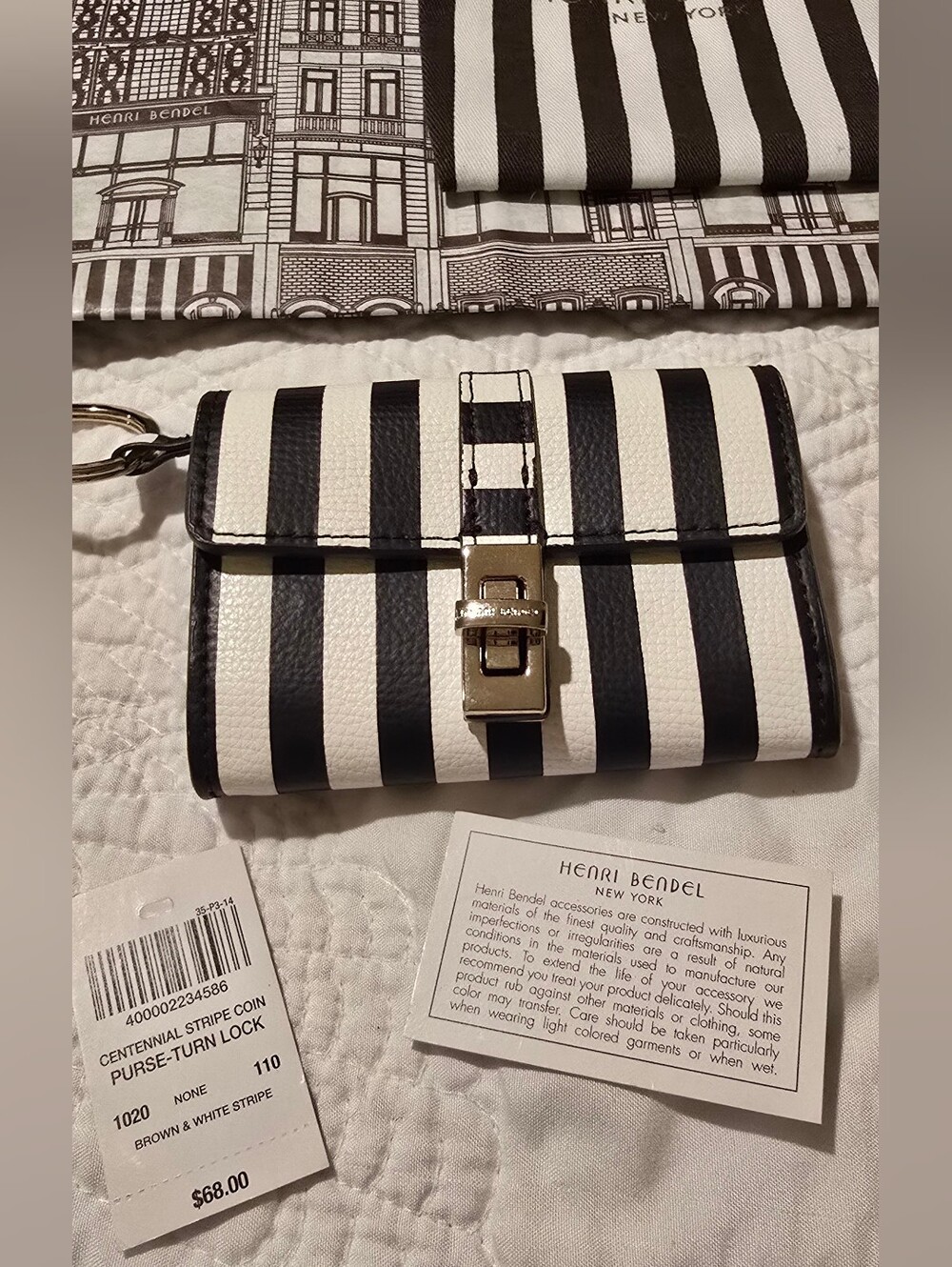 henri bendel Stripe Card/Coin Case with Gold Keyring & Turn Lock